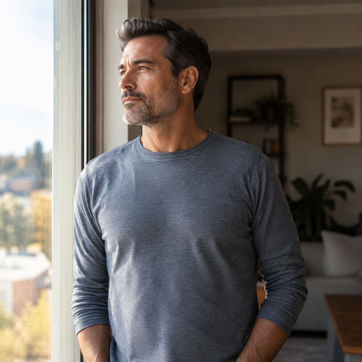 Man in his 40s looking thoughtfully out a window in the morning light