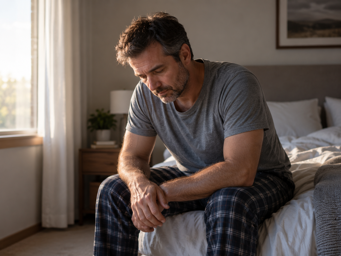 Man sitting on the edge of the bed in the early morning, looking tired