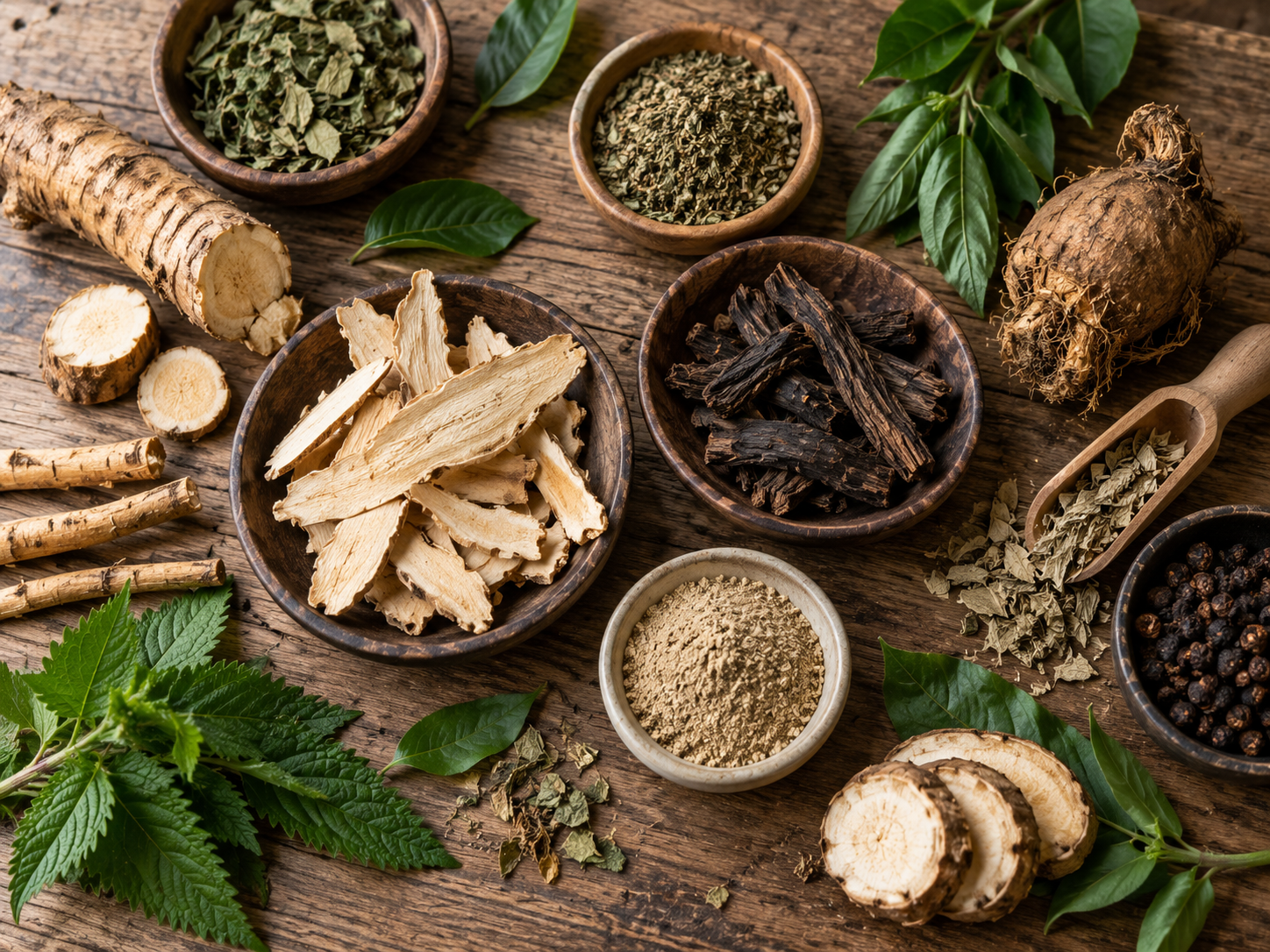 Natural herbal roots and botanical ingredients arranged on a wooden table