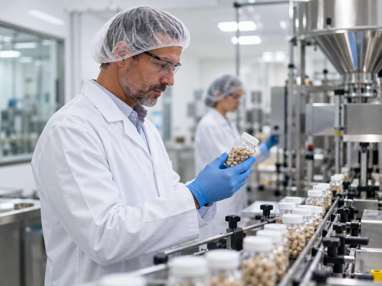 Quality control technician inspecting supplement production line